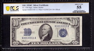1934 C $10 ݏؖ L FR.1704 BA ubN PCGS B x UNC AU 55