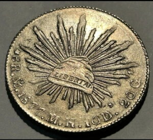 1877年メキシコキャップ&レイズ8レアル銀貨素晴らしい光沢!