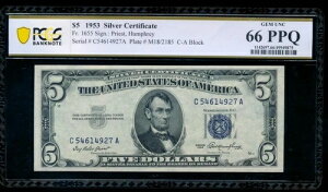 AC 1953 $5 �V���o�[�ؖ��� PCGS 66 PPQ C-A �u���b�N Fr 1655 GEM!