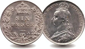 1892年イギリス製6ペンス銀貨