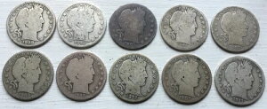 10枚セット バーバー ハーフダラー ロット 90% シルバー カル スリック 5ドル フェイス 1/2ロール リバティ J