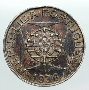 1936 ポルトガル植民地モザンビークアンティーク ヴィンテージ シルバー 10 エスクード コイン i90569