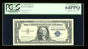 DBR $1 1957-A Vo[ 1620N KAubN PCGS 64 PPQ VA K00714711A