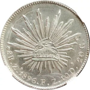 メキシコ 8レアル Zs 1896 F.Z. サカテカス、NGC UNCディテール、クリーニング済み。KM番号 377.13