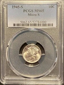 1945-S マーキュリー ダイム PCGS MS65 マイクロ S ブリリアント 未流通 ブラスト ホワイト!