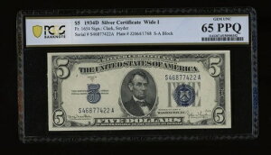 DBR 1934-D 5�h�� �V���o�[ Fr. 1654Wi ���C�h I SA �u���b�N PCGS-B 65 PPQ �V���A�� S46877422A