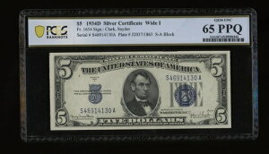 DBR 1934-D 5�h�� �V���o�[ Fr. 1654Wi ���C�h I SA�u���b�N PCGS-B 65 PPQ �V���A��S46914130A