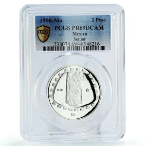 メキシコ 2ペソ プレコロンビアン期 ジャガー彫刻 PR69 PCGS 銀貨 1998年