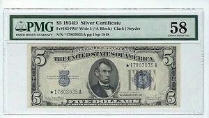 1934�ND $5 ��ݏؖ��� Fr-1654Wi* PMG 58 �����i