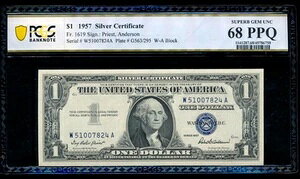 AC 1957 $1 ؖ PCGS 68 PPQ SUPERB GEM+ Fr 1619 W-A ubN