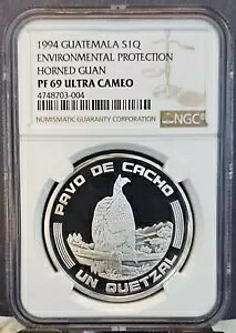 1994年 グアテマラ シルバー1 ケツァル角付きグアン NGC PF 69 ウルトラカメオ 希少コイン