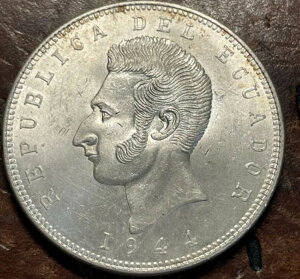 エクアドル - 1944年 モナコ ラージシルバー 5スクレ - メキシコ ???? 歴史的銀貨