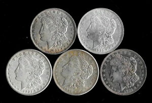 モルガン・シルバー・ドル(1921-P/D/S)5枚セット 90%銀 ロット F77-1
