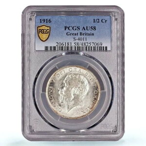 イギリス 1/2クラウン ジョージ5世 貨幣 KM-818.1 AU58 PCGS 銀貨 1916年