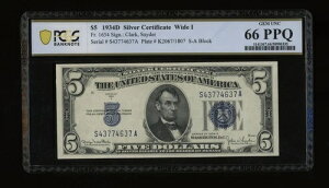 DBR 1934-D 5�h�� �V���o�[ Fr. 1654Wi ���C�h I SA �u���b�N PCGS-B 66 PPQ �V���A�� S43774637A
