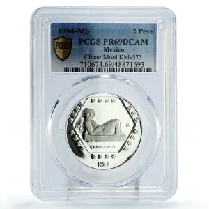 メキシコ 2ペソ プレコロンビアン チャック ムール彫刻 PR69 PCGS 銀貨 1994年