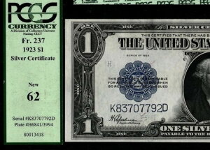 米国 1923年 1ドル銀貨証明書 Fr#237 PCGS 62 新品 K83707792D (AFJ)