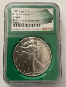 1991年 シルバーイーグル NGC MS69 初期生産 - グリーンコア 米国造幣局 未開封ボックス