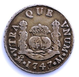 SC. スペイン-フェリペ5世 2レアル「コラムナリオ」 1747年 M メキシコ。銀貨6.6g。希少