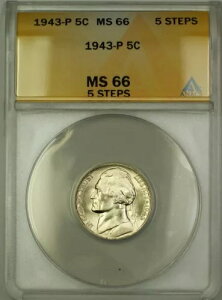 1943-P 5ステップ アメリカ戦時中 シルバー ジェファーソン ニッケル 5セントコイン ANACS MS-66 (C)