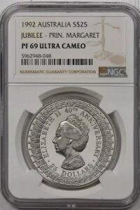 オーストラリア 1992年 25ドル NGC プルーフ 69UC シルバージュビリー - マーガレット王女 NG1495
