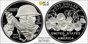 アメリカ 第一次世界大戦記念 銀貨 2018-P PCGS PR70DCAM ゴールドシールド FS