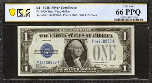 1928N 1hݏؖ FR.1600 e[gE F-A ubN PCGS UNC 66 PPQ (986A)