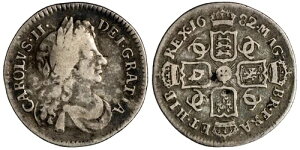イギリス。チャールズ2世 1682/1 銀貨 6ペンス 2.85グラム、21mm、KM-441