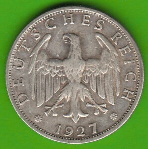 �R�C�� �}�[�N �V���o�[ 2 REICHSMARK 1927 F ���ɗǂ� �󏭂�nswleipzig