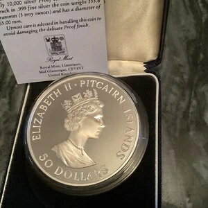 1988年 ピトケアン島憲法150周年記念 50ドル銀貨 5オンス 箱/コア