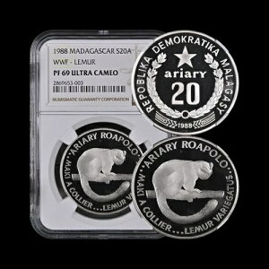 マダガスカル。1988年、20アリアリ、銀 - NGC PF69 - 世界自然保護基金、キツネザル
