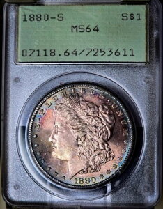 1880年 S $1 モルガン銀貨 PCGS MS64 OGH ラトラー レインボートーン コイン ラスター
