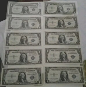 1935-E 10枚連続未流通1ドル銀券 9/10カットラインエラー