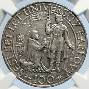 1948年 チェコスロバキア - カレル大学 OLD シルバー 100コルナ硬貨 NGC i105884