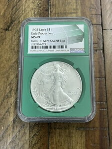 1992年 シルバーイーグル NGC MS69 初期生産 米国造幣局発行 未開封ボックス グリーンコア