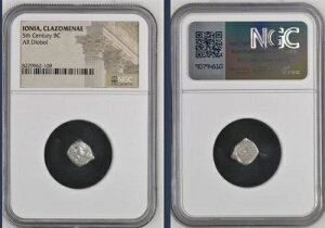 古代イオニア都市クラゾメナイ NGC 紀元前499-494年 希少なギリシャのディオボルの有翼の猪
