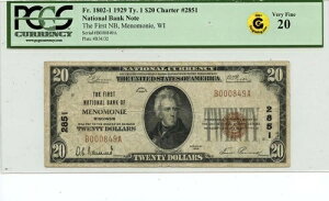 1929 TY1 $20 �t�@�[�X�g NB �����j�[ WI CH# 2851 PCGS VF20 GCC �S�[���h