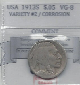 1913S アメリカ、5セント、バッファローニッケル、バラエティ#2、腐食