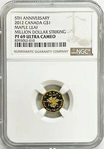 2012年 カナダ 1ドル金貨 メープルリーフ 750枚 1/20オンス コイン NGC PF 69 ウルトラカメオ