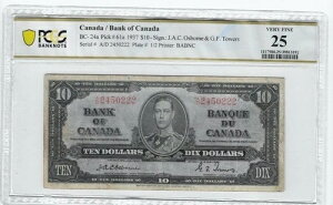 1937N BOC BC-24aA$10 Osb/Tow SN A/D 2450222 PCGS VF-25
