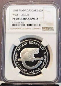1988年 マダガスカル シルバー 20 アリアリ キツネザル NGC PF 70 ウルトラカメオ 希少 パーフェクトコイン