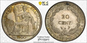 1900�N�� �t�����X�̃C���h�V�i 20�T���`�[�� PCGS MS62 ���b�g#G074 �V���o�[�I Lec-202