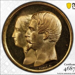 フランス、ナポレオン 3 世、メダル 1855 年パリ万博、ギルト、ガヴォー ピアノ、PCGS UNC