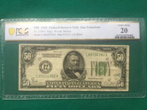 1928�N �T���t�����V�X�R 50�h�� FR2100-L �A�M������s�� PCGS 20 ���݊����\