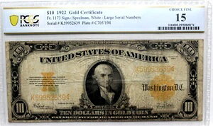 1922�N 10�h�����ݏؖ��� ���� PCGS FINE 15 FR 1173 SPEELMAN WHITE