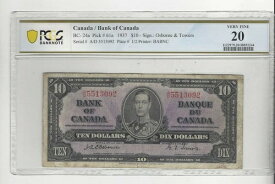1937年 カナダ銀行 BC-24a、10ドル Osb/Tow SN# AD 5513092 PCGS VF-20