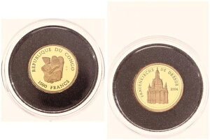 コンゴ 1500フラン 2004年 ドレスデン フラウエン教会 1/25オンス 金貨 カプセル入り 119463-
