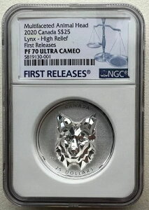NGC PF70 カナダ 2020 多面動物高浮き彫り頭オオヤマネコ銀貨 1オンス