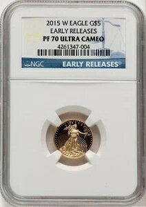 2015-W 5ドル 10分の1オンス 金貨 イーグル ER ブルー NGC PF70