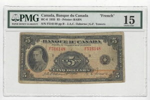 1935N Bank of Can BC-6A$5 Osb/TowASN# F516148 tX **PMG F-15**